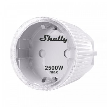 En Shelly Plug S smart plug med märkningen "2500W max" för energiövervakning och styrning av apparater.