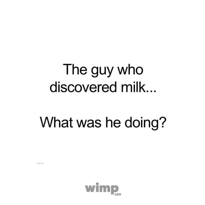 Vitt meme-format med texten "The guy who discovered milk... What was he doing?