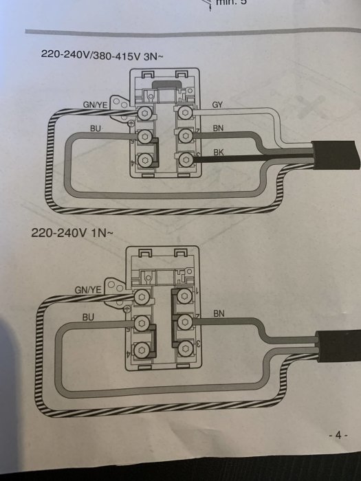 Elkopplingsschema för 3-fas och enfas för kökshäll, med byglad nolla på båda illustrationerna.