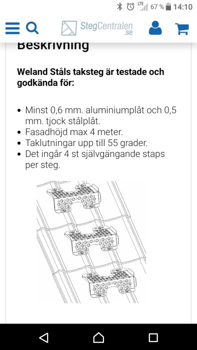 Teknisk ritning av taksteg för montering på släta ytor, inklusive fästdetaljer och självgående staps per steg.