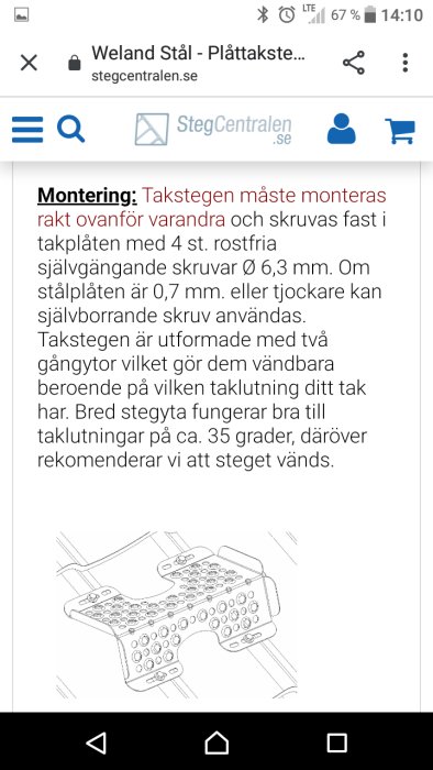 Illustration av montering av takstege på plåttak med specifika instruktioner om skruvstorlekar och placering.