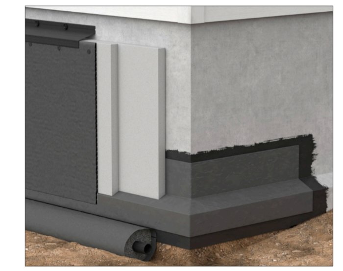 Sektion av källarvägg med platon multi drain, cellplast mot vägg och luftspalt.