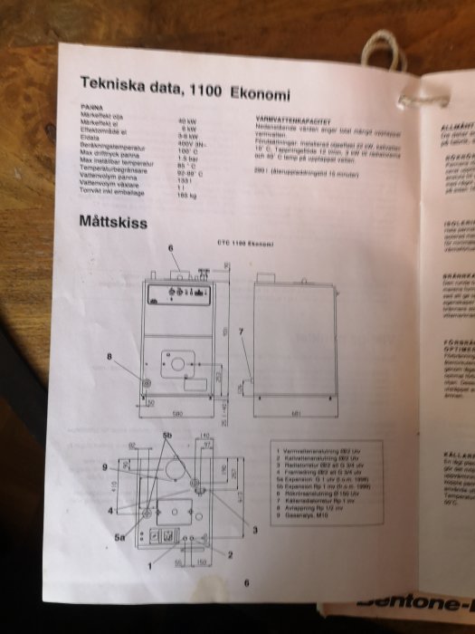 Teknisk specifikation och måttskiss av panna, 1100 Ekonomi, på ett dokument.