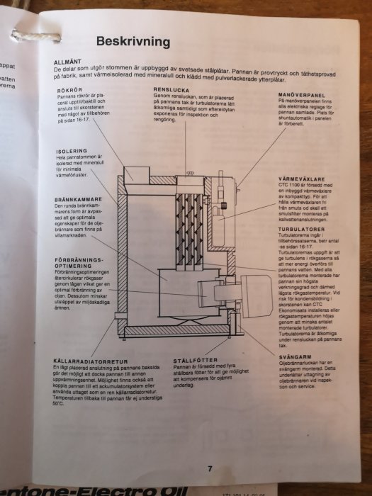 Sida ur manual med diagram och textbeskrivning av en panna, inkluderar konstruktion och komponenter.