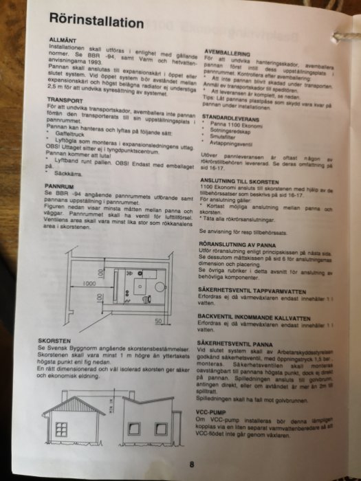 Sida ur handbok för rörinstallation med text och diagram över pannrum och skorstensinstallationer.