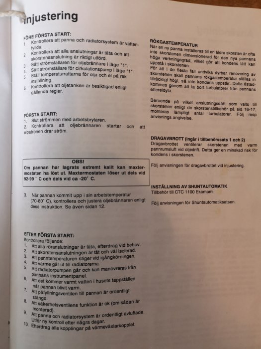 Instruktionsblad för justering och driftsättning av en panna, med text och steg-för-steg-anvisningar.