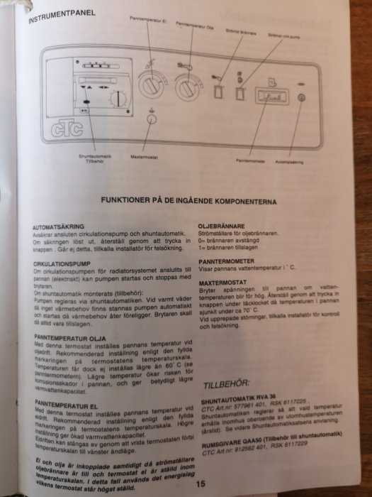 Instruktionsmanual för uppvärmningssystem med schema över instrumentpanel och förklaringar till funktioner.