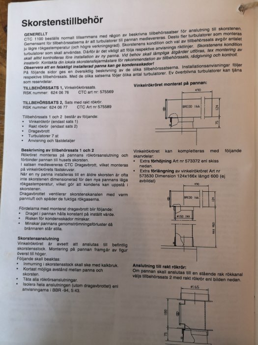 Fotografi av ett dokument som visar information och diagram för installation av skorstenstillbehör på en panna.