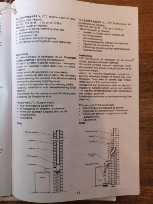 Bild på en uppslagen broschyr som visar diagram och beskrivning av skorstenssats för kondenserande rökgaser.