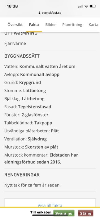 Skärmklipp av fastighetens byggnadsfakta som listar material som lättbetong och tegelsten och nämner krypgrund.