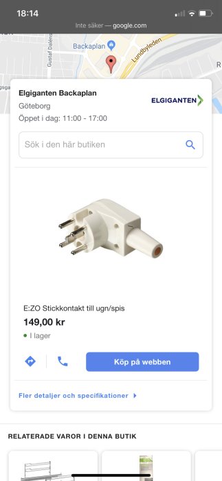 Perilex-uttag med tre stift avsedd för anslutning av ugn och spis.