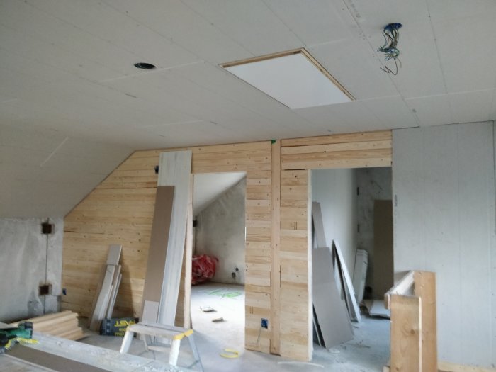 Interiör bild av en konstruktion med nygipsade tak och väggar i olika stadier av uppbyggnad, några gipsskivor lutar mot väggen.