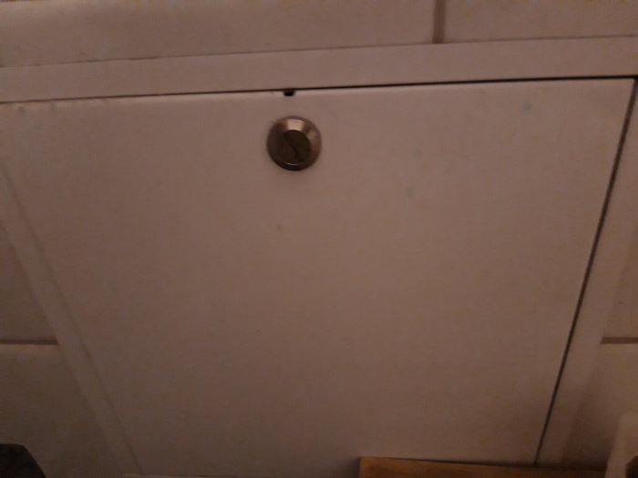 Stängd skåplucka med en rund knopp, ser ut att vara låst eller fast.