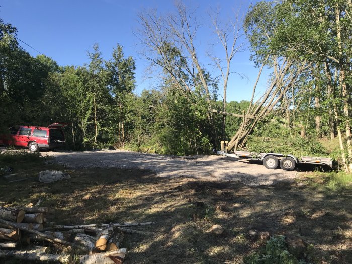 Nyplanerad grusinfart med en röd pickup och släpvagn i lantlig miljö med fälld vegetation.