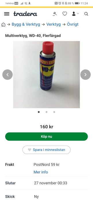 Flask med WD-40 smörjmedel på vit bakgrund, annonserad för 160 kr på Tradera.