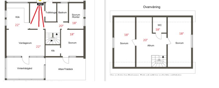 Ritningar av ett hus med markerade temperaturer i rummen och föreslagen placering av värmepump över dörren.