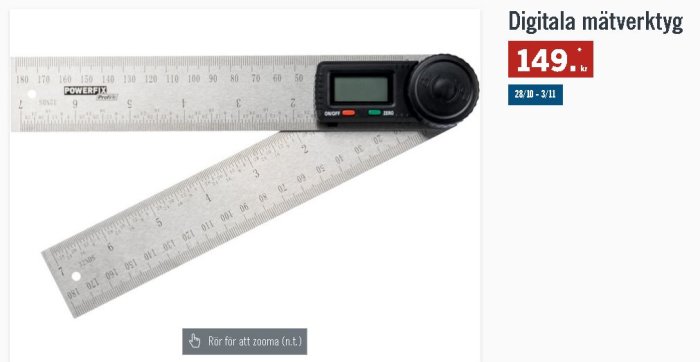 Digital vinkelmätare med LCD-display och gradering på metallblad.