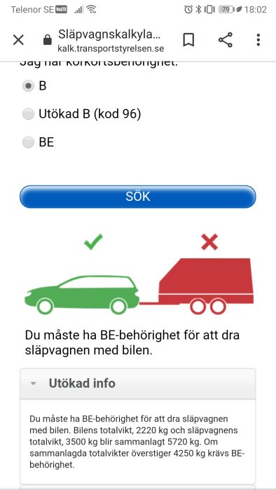 Skärmbild som visar en kalkylator för släpvagnsvikt med valmöjligheter för körkortsbehörighet och en illustration av en bil med släpvagn.
