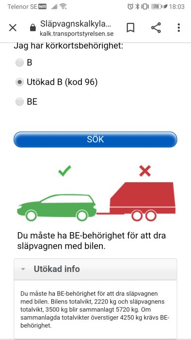 Skärmbild av en släpvagnskalkylator med kryss för kombination utan BE-körkortsbehörighet.