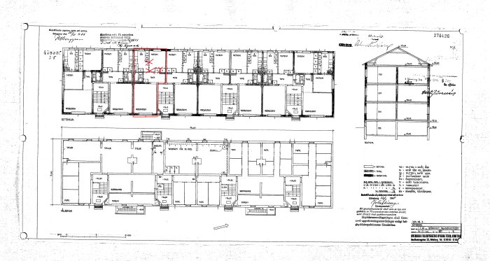 Arkitektonisk ritning av lägenhetsplan med markerad vägg som övervägs att tas bort för öppen planlösning.