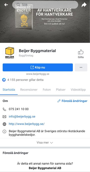 Facebook-profil för Beijer Byggmaterial med bokreklam i profilomslaget.