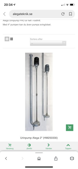 Tre olika modeller av långaxlade dränkpumpar i rostfritt stål från Alega, avsedda för avloppsvatten.