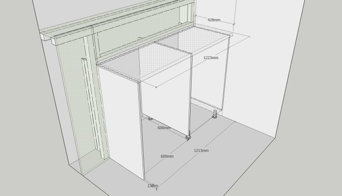 CAD-ritning av badrumskommod planering med mått för skåp och utrymme för tvättmaskin.