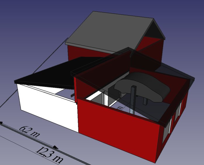 3D-skiss av en byggnadsdesign med måttangivelser, visar en komplex takkonstruktion med flera nivåer.