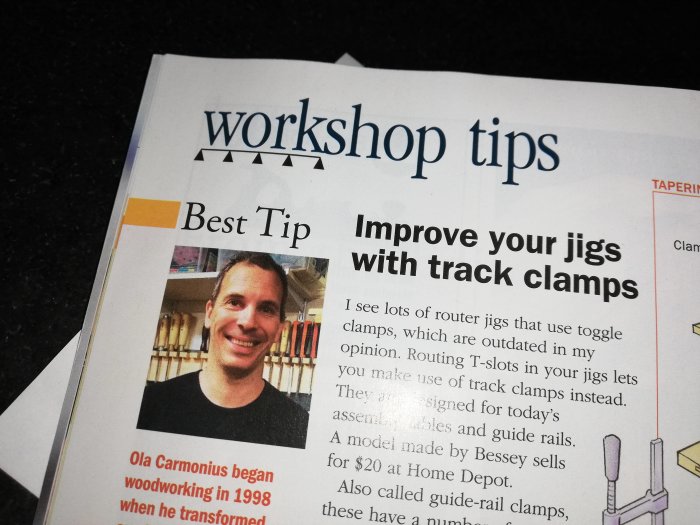 Tidningssida med texten 'workshop tips' och en person som presenteras med ett foto och namn inom snickeri.