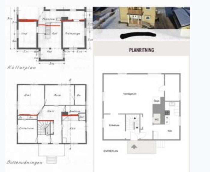 Planritningar av en byggnad med markerade bärande väggar och bjälklag, samt en översikt av huset.