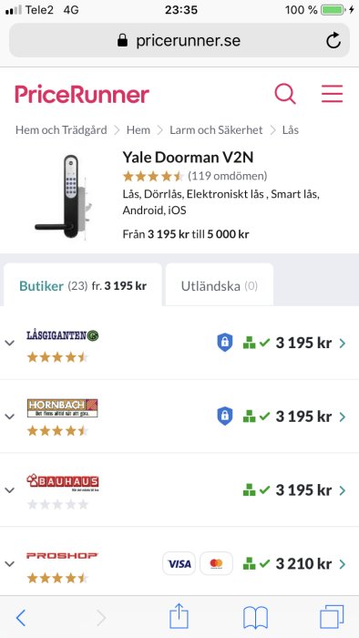 Skärmdump av PriceRunner med Yale Doorman V2N lås, priser från olika butiker som börjar på 3195 kronor.