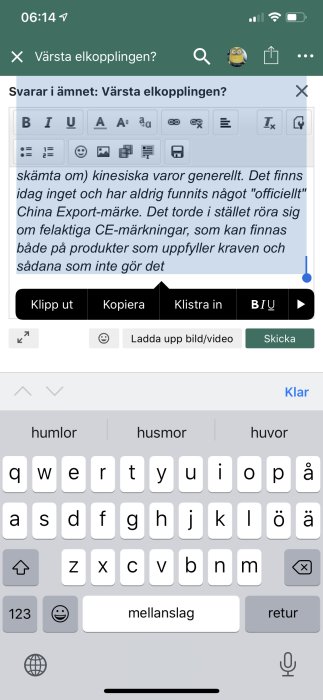 Skärmdump som visar textmarkeringsproblem på iPhone XS där markeringen täcker över redigeringsmenyn.