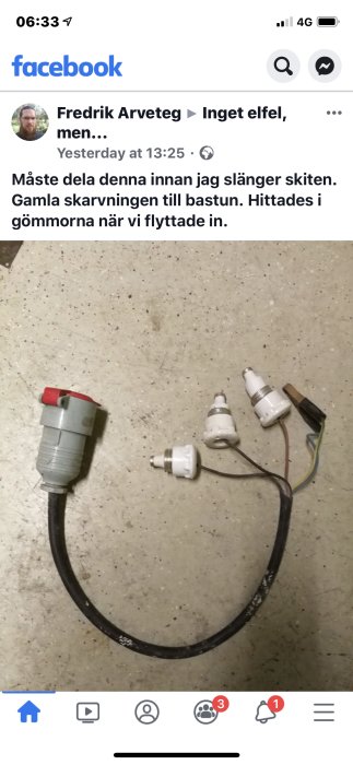 Gamla elskarvar med flera lampsocklar ihopkopplade på ett osäkert sätt, funna vid inflytt i bostaden.