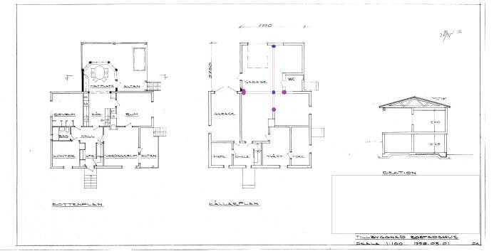 Arkitektonisk ritning av ett hus med botten- och källarplan, markerade förändringar med lila och blå prickar för ombyggnadsplaner.