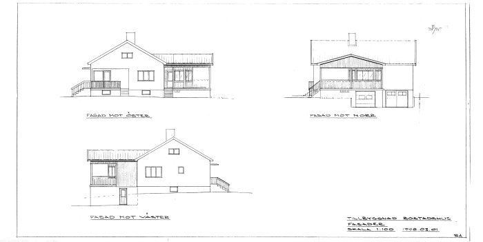 Arkitektritningar av ett hus med fasadvyer mot öster, norr och väster, markerade för ombyggnadsplan.