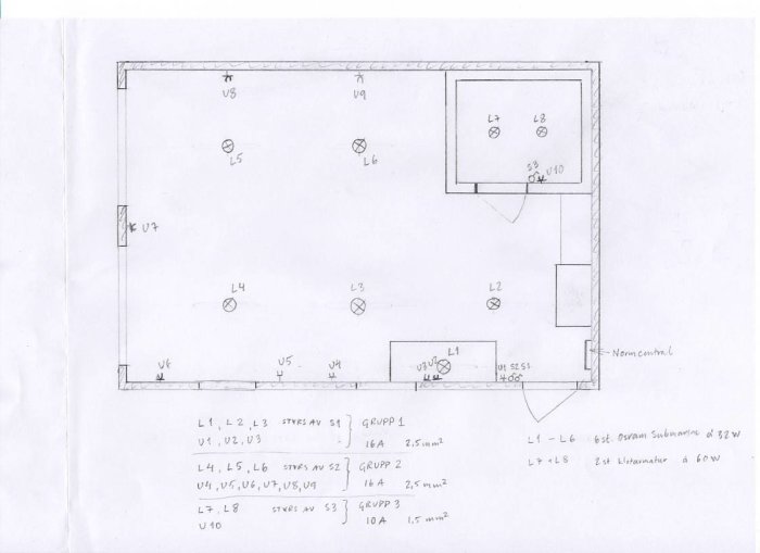 Handritad elinstallationsplan med markering av brytare, uttag och lampor, samt teknisk specifikation för gruppering av strömkretsar.