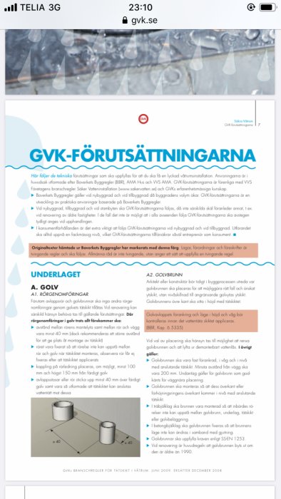 Skärmdump av en sida från Säker Vatten 2009 som visar GVK-förutsättningar, med text och illustrationer om underlaget och golvvärme.