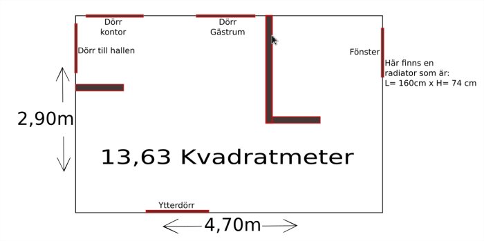 Ritning av rum på 13,63 kvadratmeter med dörrar, icke öppningsbart fönster och radiator mått.