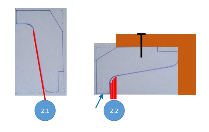 Två bilder på en ritning av ett träsnideri, en med en röd linje för sågning och en med stödpunkter och flera såglinjer.