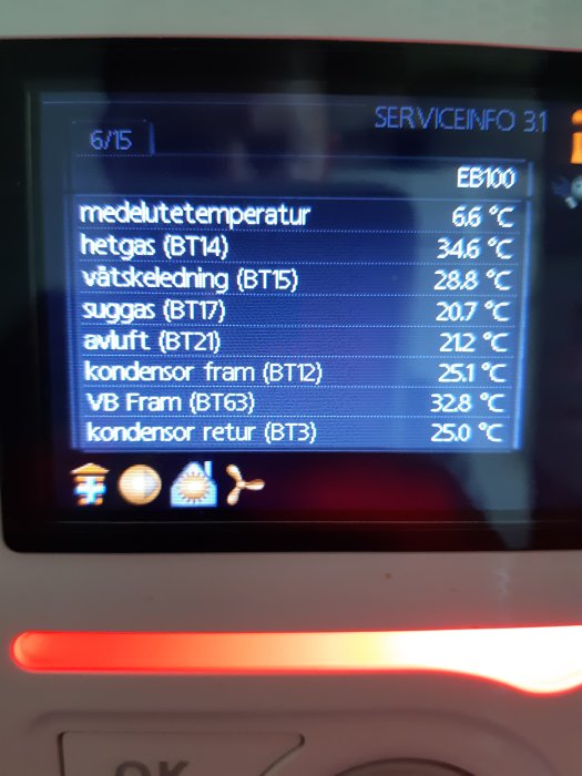 Display på värmepump som visar olika temperaturvärden och larmkod EE160.