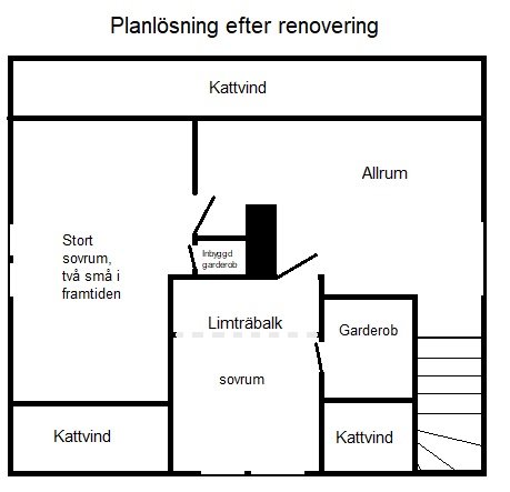 Skiss av planlösning efter renovering med markerad limträbalk och nya rum.