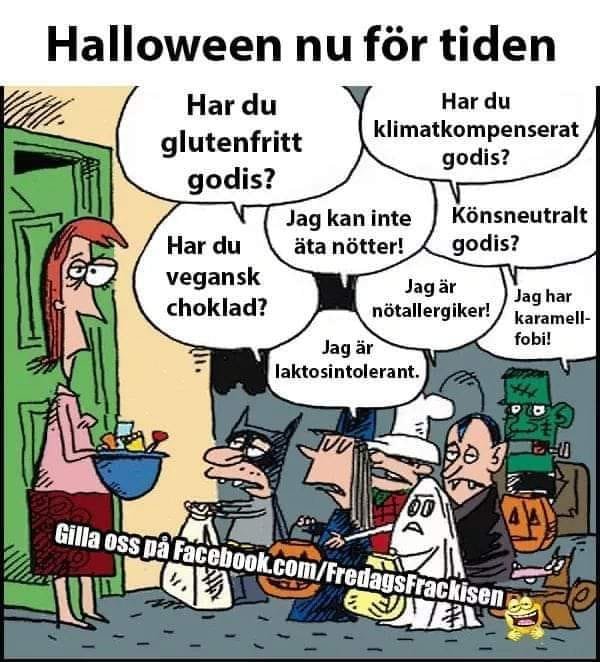 Tecknad bild av barn som trick-or-treatar på Halloween med specifika kosthållskrav på godiset.