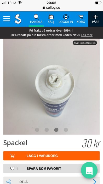 Öppnad spackeltub med texten "Spackel" och priset "30 kr" som visas på en försäljningsannons online.