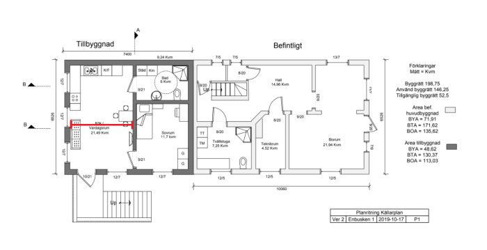 Arkitektonisk ritning av en källarplan med markerad röd linje som visar en planerad balk för stöd av mellanbjälklag.