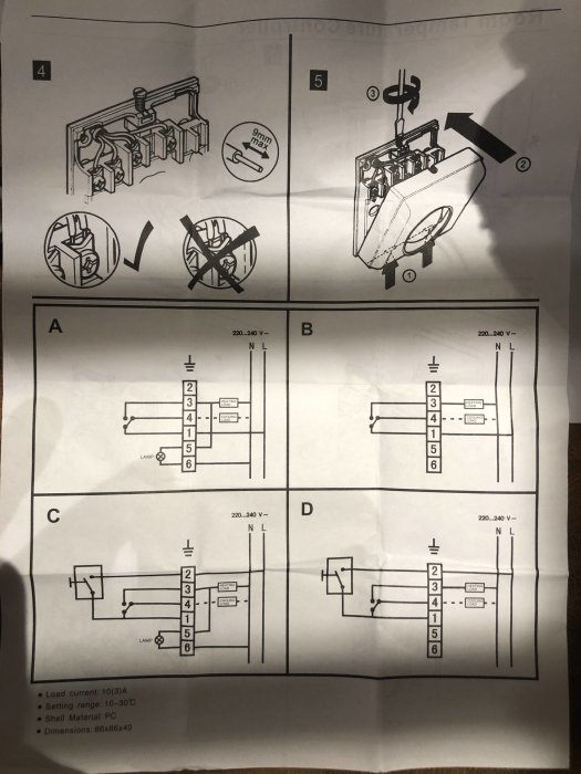 Instruktionsmanual visar olika anslutningsscheman för termostat och luftsolfångare.