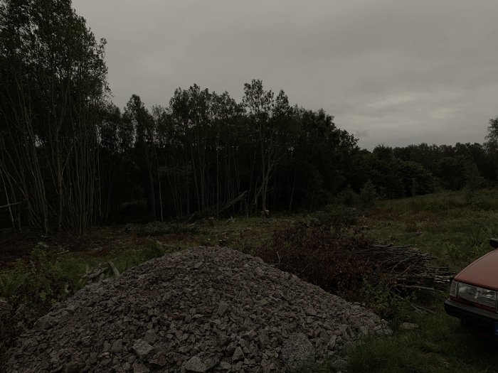 En hög med grus i framkant och en rörlig del av en bil, med skog i bakgrunden.