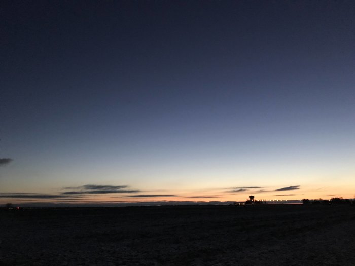 Morgongryning över ett öppet fält med silhuetter av träd och byggnader mot ljusnande himmel.