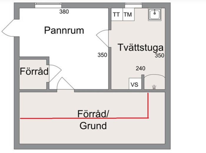 Ritning av källarplan i hus med markerat område där berget går in i ett rum.