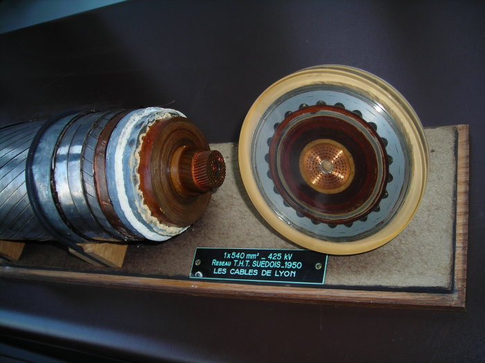 425 kV oljefylld kabel från 1950, visar ihålig ledare, papperisolering och dubbel blymantel.