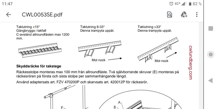 PDF-manual som visar olika taklutningar för installation av skyddsräcke för takstege.